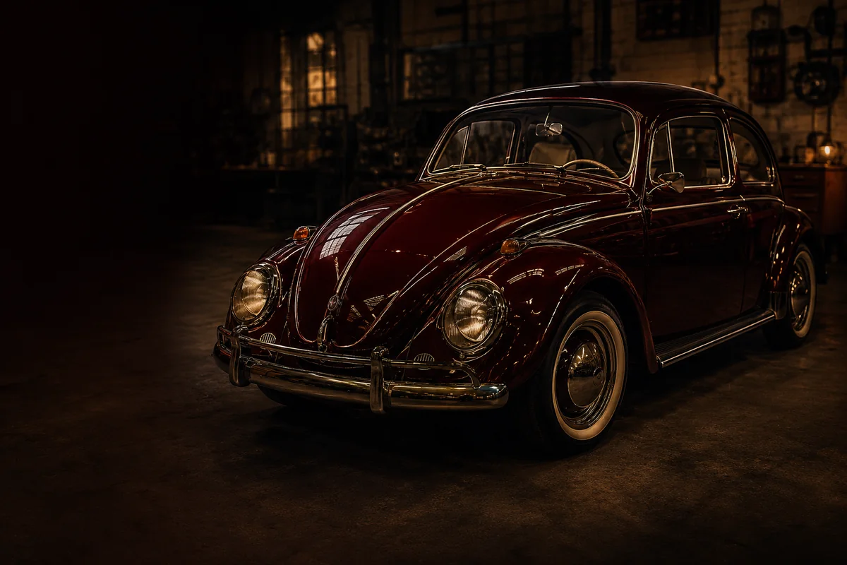 Fusca clássico em ambiente de garagem com iluminação quente
