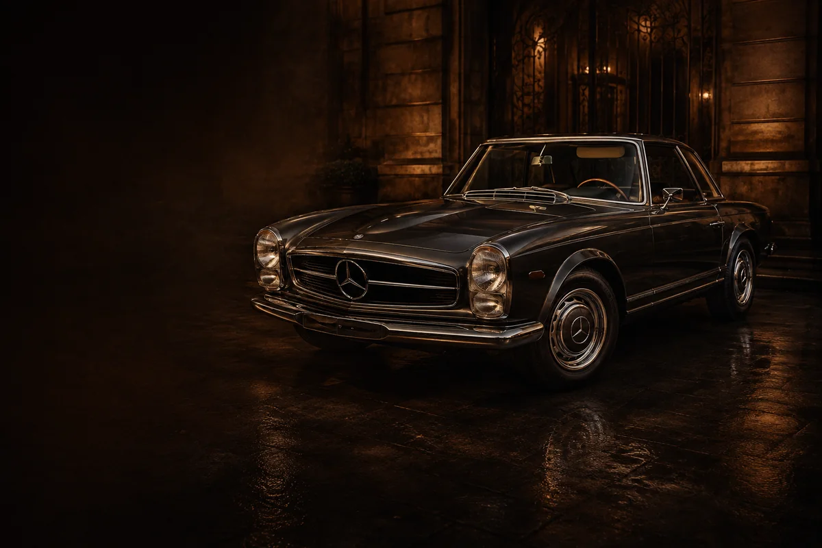 Mercedes-Benz clássica fotografada em ambiente elegante com luz dourada